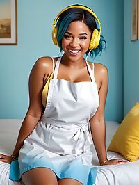A 44 year old woman in a white apron lies on her bed wearing yellow headphones